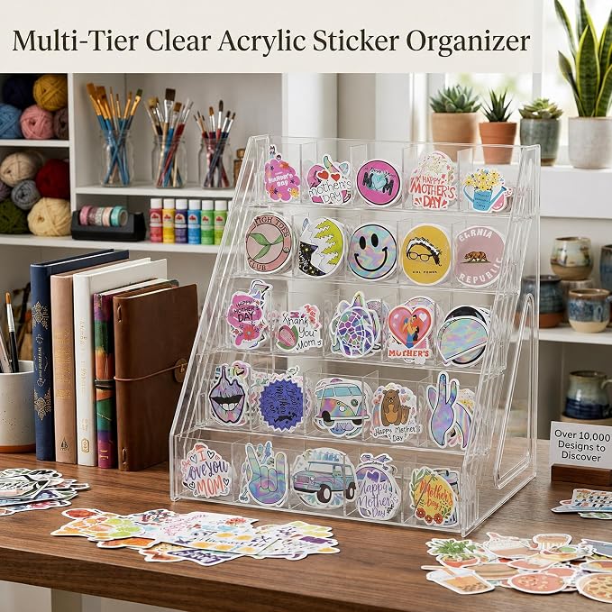 5 Tier Bookmark Display Stand with 25 Pockets, Clear Vendor Display Rack for Bookmarks, Stickers, Greeting Cards, Business Cards, Portable Countertop Organizer for Craft Fairs, Retail Stores, Vendors