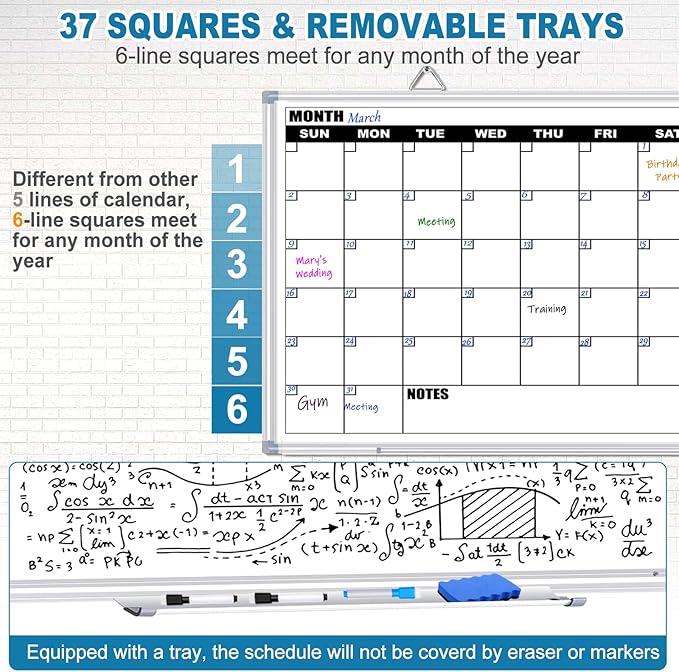 Calendar Whiteboard for Wall, 36" x 24" Double Sided Monthly Dry Erase Board Calendar for Office, Home, School, Hanging Cork Board White Board Combo, Portable Magnetic Dry Erase Planner Board