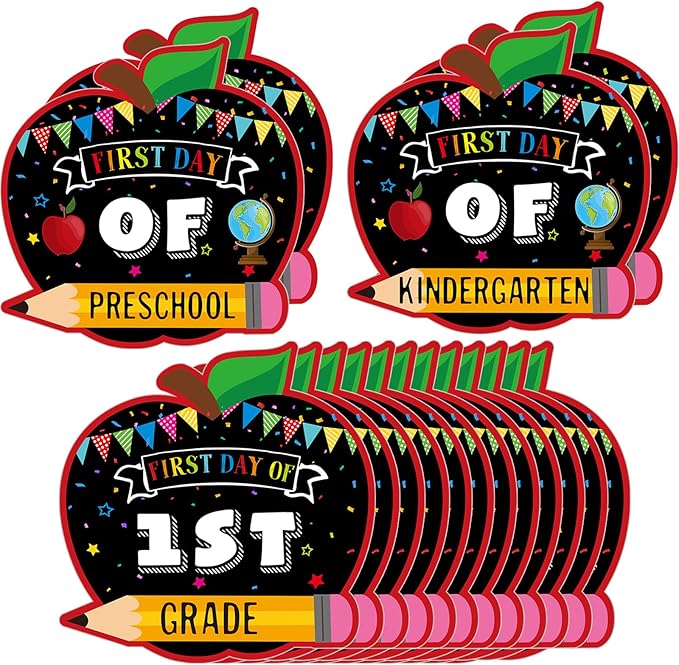 Pasimy 16 Pcs First and Last Day School Grad Signs Reversible Reusable Paper Apple Chalkboard Signs Back to School Photo Prop Preschool Kindergarten 1st-12th Grades to College for Kids Girl Boy