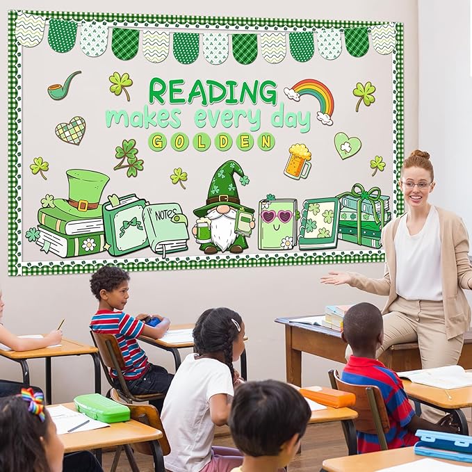 St. Patrick's Day Reading Bulletin Board Set Motivational Reading Classroom Decoration St. Patrick Bulletin Board Lucky Shamrock Gnomes Cutouts for Irish Holiday Home Classroom Chalkboard Wall Decor
