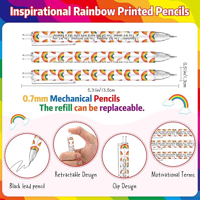 AmazingSpark 25 Set Inspirational 0.7 mm Rainbow Retractable Pencil Gifts for Students from Teacher Encouragement Affirmation Bookmark Cards Opp Bag Valentines Classroom Prize Awards for School