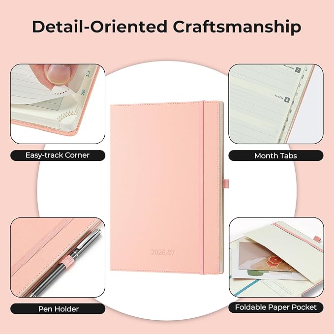 Weekly Monthly 2026-2027 Planner (July 26-Dec 27),11.5"x8.5",18 Months Agenda Plan with Month Tabs & Pocket,Expenses/Note Pages, Academic Calendar with Vegan Leather Cover,Pink