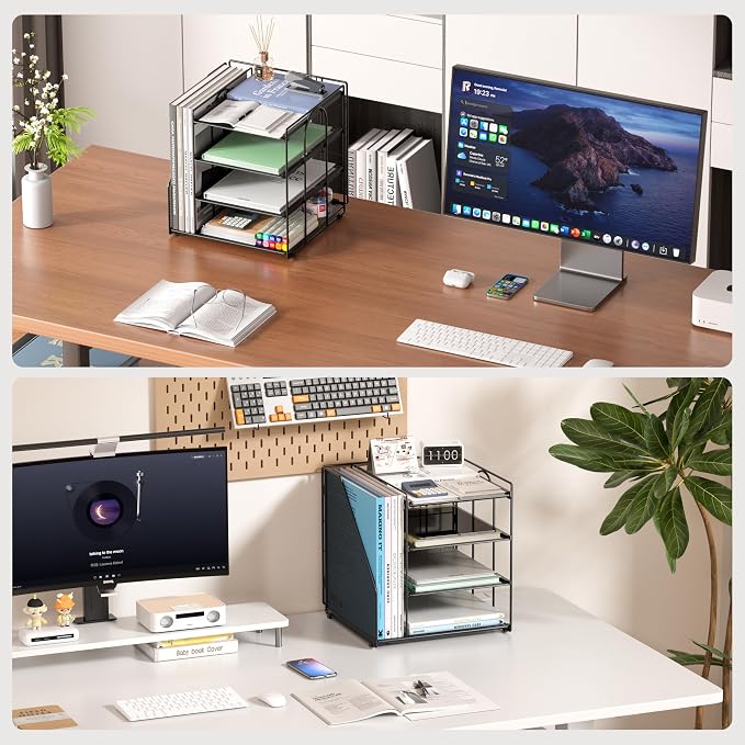Desk Organizer, 4-Tier Metal File Organizer for Desk with Vertical File Holder, Office Accessories and Desktop Storage for Office Supplies (Black)