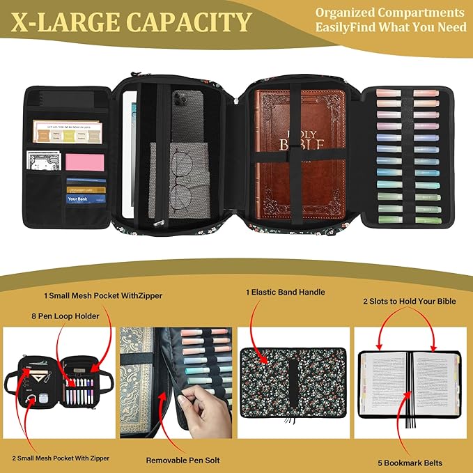 Large Bible Bags for Women Organizer with Bible Cover Case, Bible Cover with Shoulder Strap & Journaling Kit, Pens and Highlighters Cross Clip for Bible Study & Church, Gift for Mom - Flower