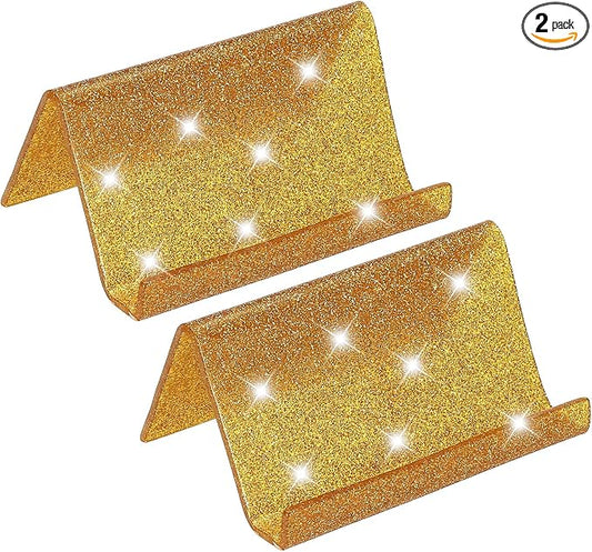 PATIKIL Business Card Holder for Desk, 2Pcs Acrylic Business Card Holders Shine Card Stand Organizer Cards Display for Office Exhibition, Gold Tone