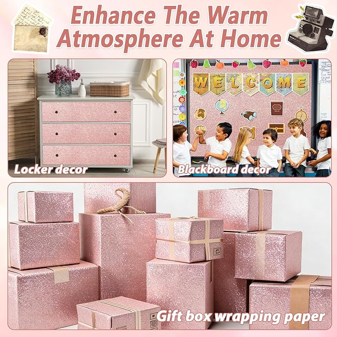 Glitter Bulletin Board Paper Roll Sparkle Wrapping Paper Bulletin Board Decor Glitter Poster Gift Wrapping DIY Art Crafts Wallpaper Background for Home Office Classroom Decoration 17"x20ft, Rose Gold
