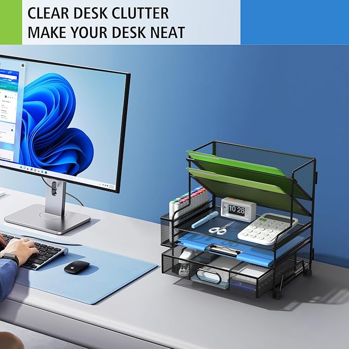 MINDEPOT 3-Tier Paper Organizer + 2-Pocket File Holder, Desktop File Organizers Paper Tray for Office School Classroom Workspace Organization