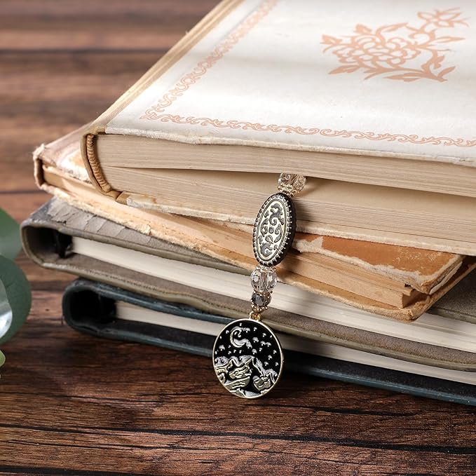 Crystal Moon Beaded Bookmark - Glass Seed Beads Fantasy Bookmark Gift for Women & Men, Black Chain Bookish Accessory for Readers and Book Lovers Students Teacher