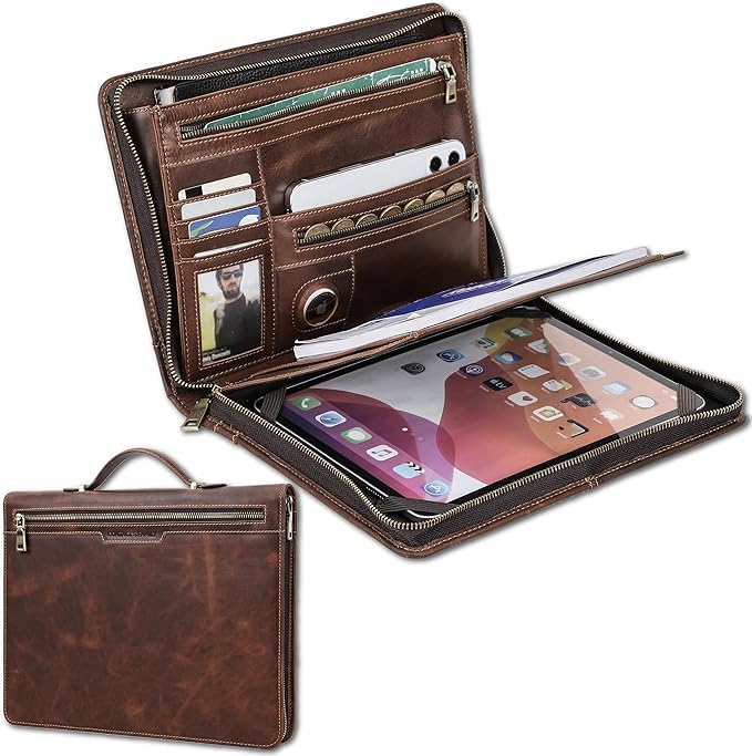 Top Grain Leather 11" Strap Portfolio, Solid Retro Design, Handmade, Large Capacity Multi-Functional Business Zip Padfolio, Holder for Cards/iPad/Phone/AirTag/A5 Paper, Red Coffee 11 Inch