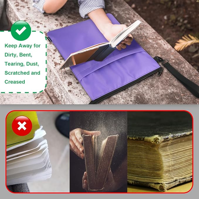 Book Sleeves with Zipper, Travel Book Protector Pouch for Paperbacks & Hardcover Books, Book Covers Bags Carry Case/Front Pocket & Handle Strap for Book Lovers Mother's Day Readers (Purple, 1 Pc)