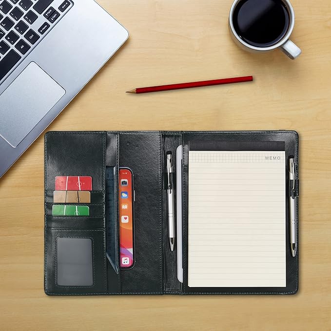 Wonderpool A5 PU Leather Clipboard Partfolio Recipe Binder Notepad Forms Holders Document Case - Interview Planner Meeting Writing Padfolio File for Office Travel School Hotel Restaurant (A5,Green)