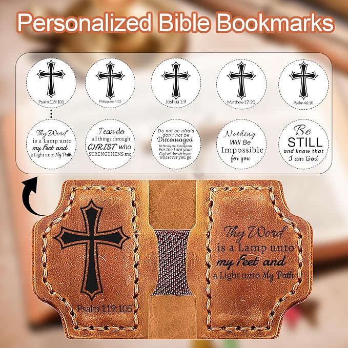 Personalized Magnetic Bookmark with Pen Holder, Bible Verse Scripture Design, Custom Leather Bookmark Bible Study Supplies for Women Men, Christian, Book Lovers Gifts (Pink, Psalm 46:10)