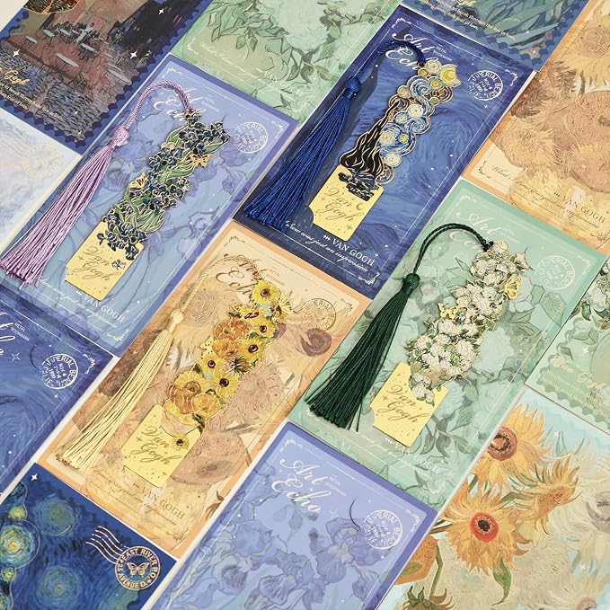 4 Pieces Bookmarks with Tassel, Golden Hollow Metal Bookmark Monet Oil Painting Theme Book Mark for Women Book Lovers Writers Readers Children Teenage Girls, (Flowers Style)