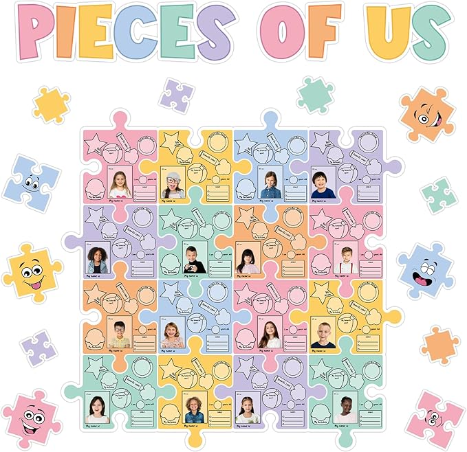 QOUBAI Pieces of Us Bulletin Board Set Puzzle Self-introduction Themed Classroom Bulletin Board Decorations All About Me Cutouts Classroom Decorations for Back to School Office Home Chalkboard Decor W