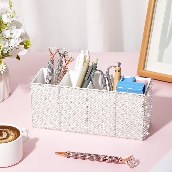 Bling Desk Organizer for Women, Rhinestone Pen Makeup Brush Holder, Girly Desk Accessories Organizer for Office Classroom Elevate Your Workspace with Serenity (Pearl,White)