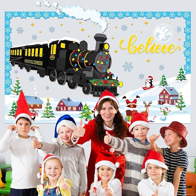 Christmas Train Bulletin Board Decorations Polar Train Express Classroom Decoration North Pole Express Winter Bulletin Board Xmas Believe Polar Golden Tickets Cutout for Winter Holiday Office Supplies