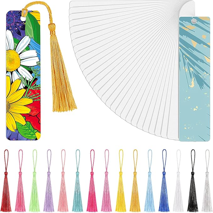 Tenare 80 Pcs Sublimation Blank Bookmarks Metal Heat Transfer Aluminum Bookmarks Bulk with Hole and Colorful Tassels for School Birthday Wedding DIY Projects and Gift Tag