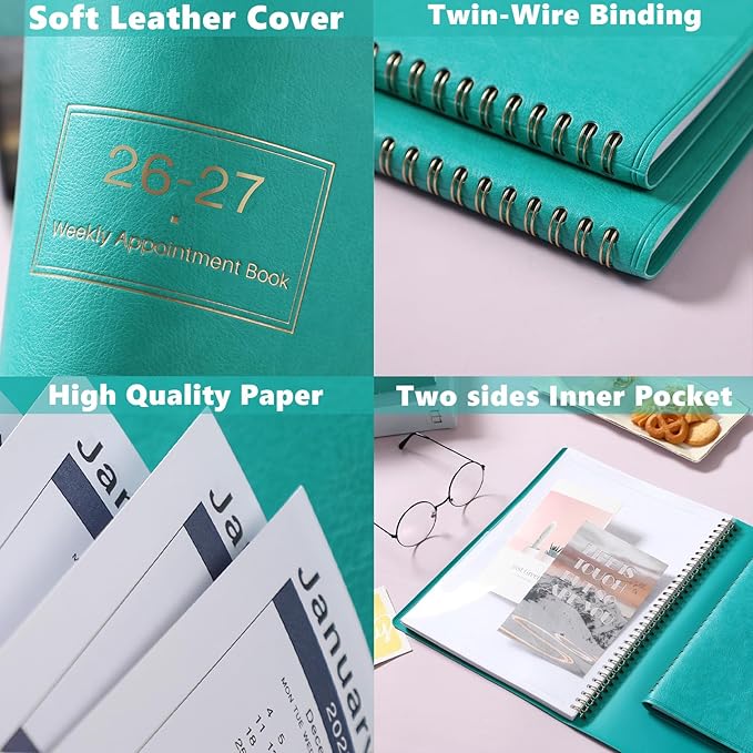 Weekly Appointment Book & Planner 2026-2027 - Large 2026-2027 Daily Hourly Planner, Jul. 2026 - Jun. 2027, 8.5" x 11", Appointment Book with 15-Minute Interval, Thick Paper, Pocket, Turquoise