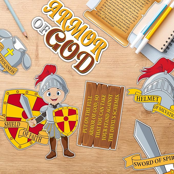 50 Pcs Armor of God Cutouts for Kids Books of The Bible Religious VBS Bulletin Board for Sunday School Religious Classroom Decorations Medieval Children Wall Home Bible Crafts Art Kit