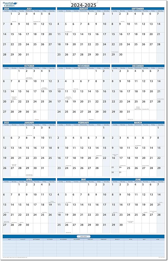 Fiscal/Academic Split Year Vertical 12 Month Wall Calendar 48" x 32" - Dry & Wet Erasable with Next Year Planner Area. Complete with Fine tip Dry-erase Marker and Eraser (2024-2025)