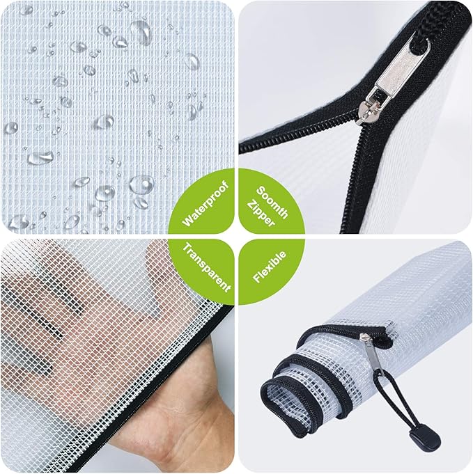 Mesh Zipper Pouch, 6PCS Waterproof Plastic Mesh ZipperBag, A4 Size Tear-Resistant Document Pouch, Extra Large Zip File Bags, for School Office Supplies Home Travel Storage(13.5×9.5 Inch)