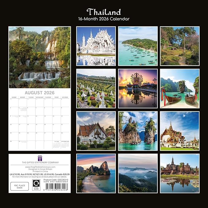 The Gifted Stationery 16-Month Square Wall Calendar - Thailand Passport Art & 2026 Wall Calendar - Hanging Organizer & 2026 Planner Sticker Kit - 180 Reminder Stickers - Sep 2025-Dec 2026, 12x12 in