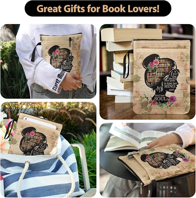 Vintage Girl Love Books Book Sleeve Gifts for Librarian Book Lovers Bookish Friends Teachers with Zipper & Handle, Book Cover Gifts for Book Club Bookworm Women Birthday Graduation Reading Day