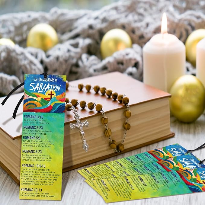 Fuyoooo 100 Pcs Romans Road to Salvation Bookmarks 6 x 2 Inches Roman's Road Bookmarks Gospel Tracts with 100 Pcs Hanging Strings Christian Inspirational Scripture Gift for Church Men Women