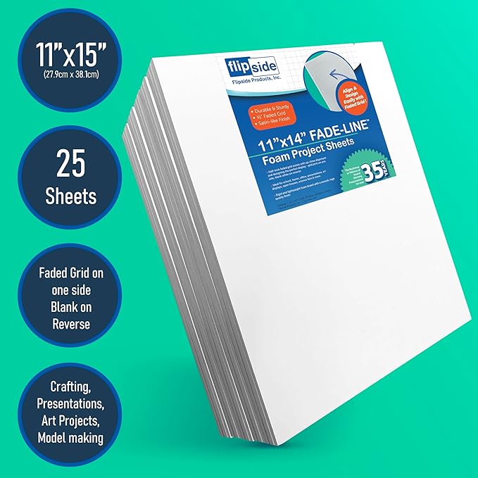 Flipside Products 11" x 14" Fade-Line White Poster Foam Board 3/16'' Thick, 1/2" Subtle Grid Lines for Alignment & Visual Layouts, Arts, and Crafts, Pack of 25