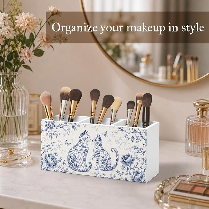 Blue Chinoiserie Cat Pen Pencil Holder for Desk, Cat Lover Gifts for Women, Cottagecore Botanical Floral Kitty Wooden Pencil Holder Organizer Desk Accessories Decor for Home Office Desk