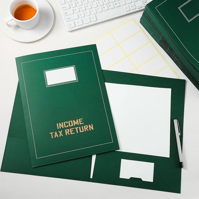 Kisston 25 Pcs Tax Return Folders Bulk 2 Pocket Gold Foil Stamped Income Tax Folders with Blank Labels Business File Office Organizer (Green)