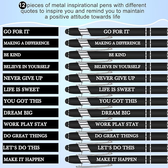 Zonon 12 Pcs Inspirational Pens Gift Set Funny Ballpoint Pen with Stylus Tip Motivational Graduation Gifts Bulk for Teacher Coworkers Nurse School Office Supplies(Black,Motivational Style)