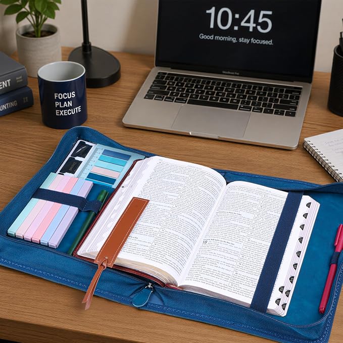 XKDOUS Bible Cover Case Leather Book Carrying Case Large Bible Bag Organizer with Cross, Handle, Pens, Tabs, Study Supplies Journaling Kit Father Day Christian Gifts for Dad, Mom, Men, Women