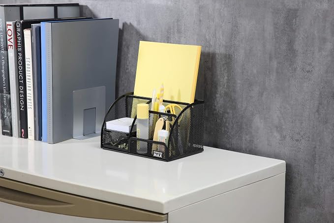 Desk Organizer with Drawer, Desktop Wire Mesh Sorter with 6 Compartments for Pens, Pencils and Letters. Black