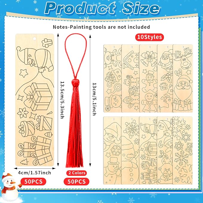 AmazingSpark 100 Pcs Winter Wood Bookmarks DIY Crafts Kit, 50 Set Christmas Color Your Own Blank Bookmarks with Tassel Santa Snowmen for Classroom Art Gifts Teacher Student Reward