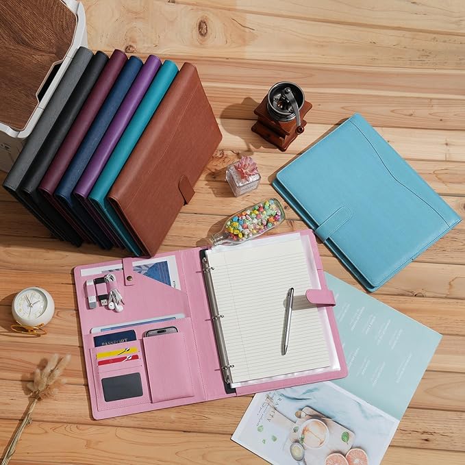 Wonderpool A4 PU Leather Portfolio Holder Ring File Document Case with Removable Binder Clipboard, Multi Pocket and Legal Pad for Business Organizer Interview and Meeting (Light Blue)