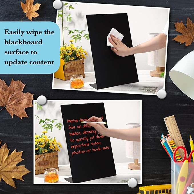 Fainne 4 Pcs Magnetic Bulletin Board with Easel Stand Mini Black Magnet Metal Tabletop Memo Display Board for Back to School Menu Table Office Supplies (17 x 11 Inches)