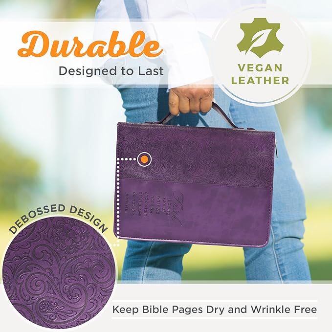 Christian Art Gifts Women's Fashion Bible Cover Faith Hebrews 11:1, Purple Paisley Faux Leather, XL