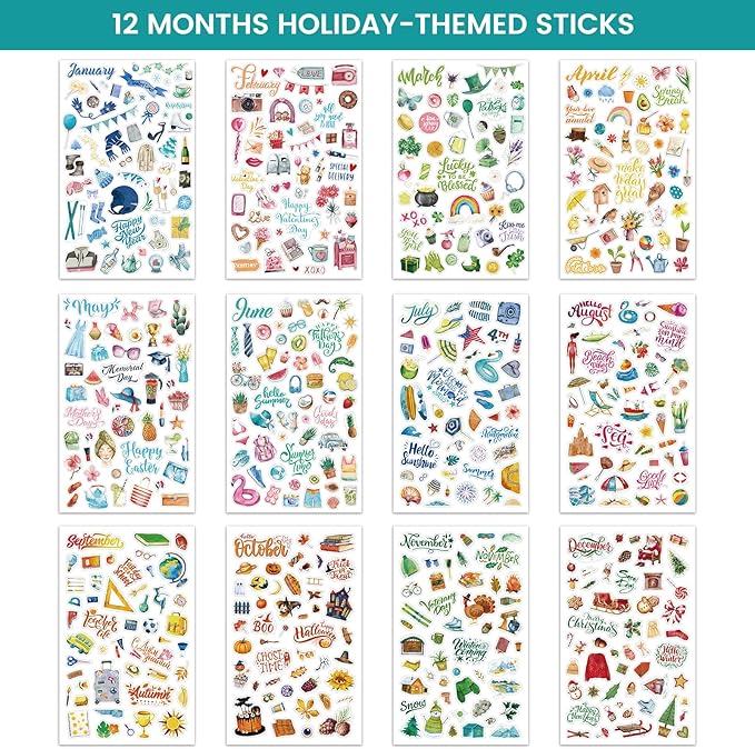 Planner Stickers - Calendar Stickers for Celebration and Decoration, 12 Monthly Festival Theme Sticker for Adults Planner, for Festival Events, Daily Tasks(14 Sheets, 1500+ Sticker Per Pack)