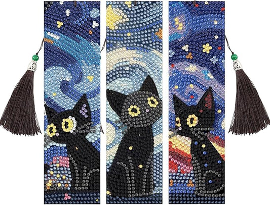 3 Pcs Cat Diamond Painting Bookmarks,Mandala Diamond Art Bookmarks with Tassel, Diamond Art Painting Kits for Beginners Adults DIY Art Craft Gifts Book Decors
