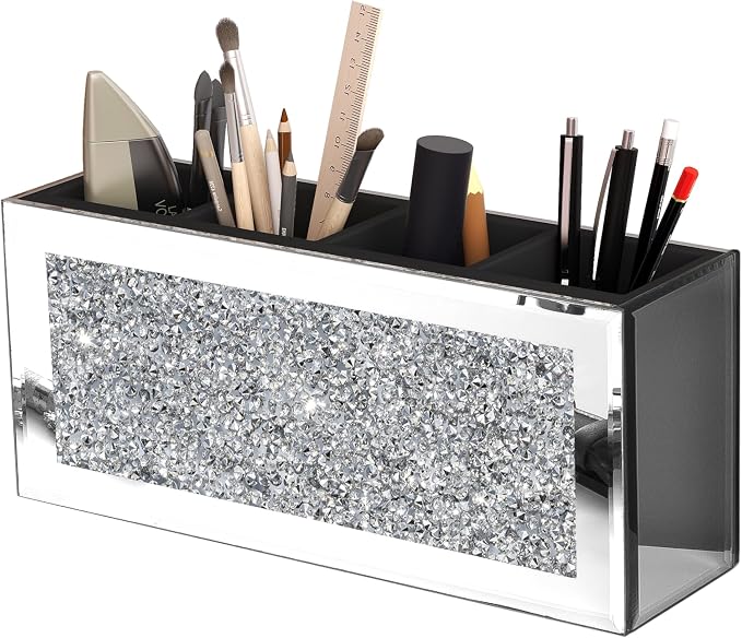 Mirrored Pen Holder 4 Compartments, Crushed Diamond Pencil Holder for Desk Glass Pen Organizer Cup for Countertop Accessory Storage, Silver