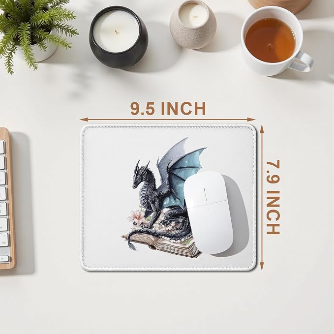 Book Dragon Mouse Pad, Blue Dragon Book Themed Mouse Pad for Fantasy Readers, Whimsical Desk Accessory for Home Office Computers Laptop,Bookish Gift for Reading Lovers,9.5x7.9 Inch