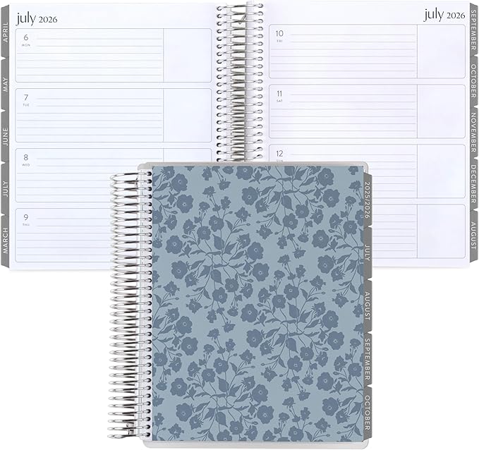 7x9 Coiled Life Planner (January 2026 - December 2026) - Bouquet Wallpaper (blue) classic cover, horizontal layout, Minimal theme, platinum coil
