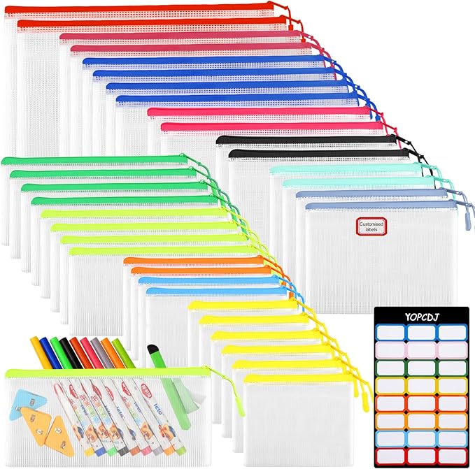 YOPCDJ 36pcs Mesh Zipper Pouch Bags,12 Colors for Storage Bags with Zipper, 8 Sizes for Reusable Plastic Zip Organizer for Travel Cosmetics