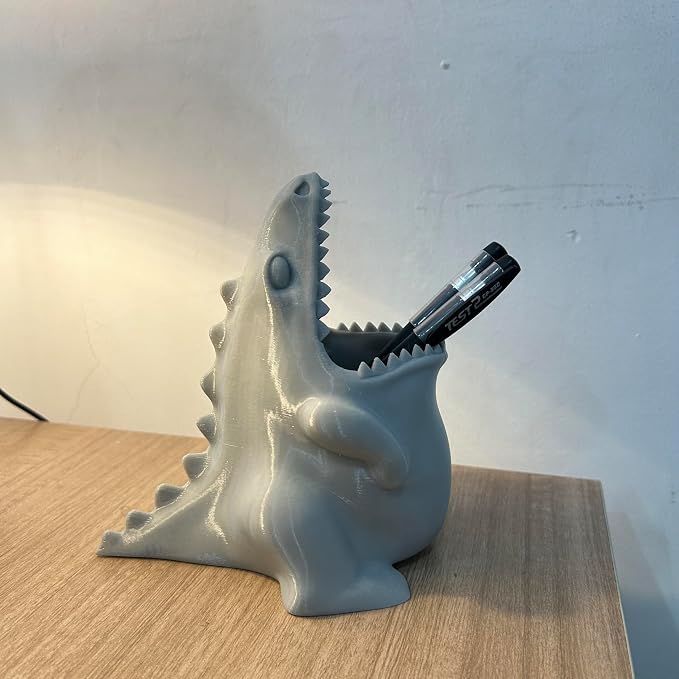 Cute Dinosaur Pen Holder, Dinosaur Figurine Pencil Holder for Office Desk Decor, 3D Printed, Grey T-Rex Desktop Organizer, Funny Dinosaur Pen Holder Gifts for Boys