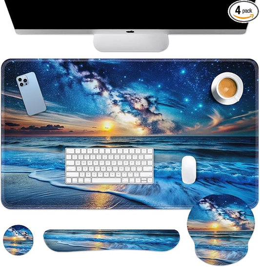 Britimes Blue Sea and Starry Sky Keyboard Mouse Pad Set 4in1 Large Mousepad+Keyboard Wrist Rest+Mouse Wrist Rest+Coaster Set with Ergonomic Design for Home Office Computer 35.4x15.7 inches