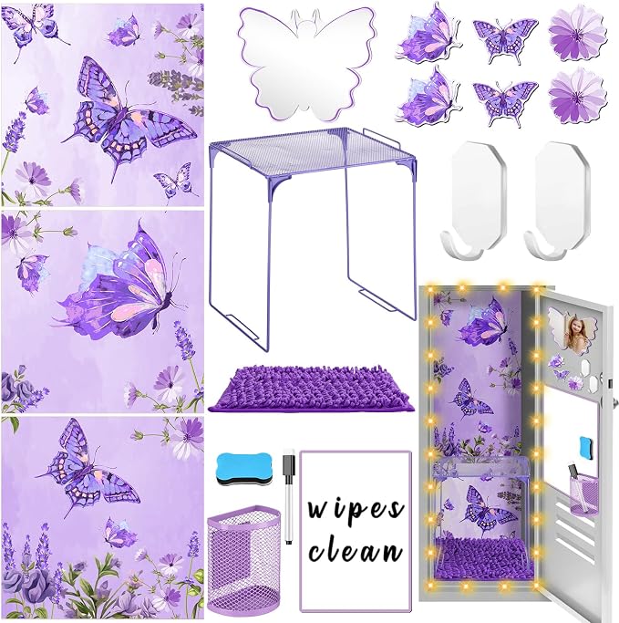 18 Pcs Purple Butterfly Locker Accessories Kit for Girls Back to School Essentials with Magnetic Wallpaper Shelf Mirror Pen Holder Dry Erase Pen Rug Nails Locker Decorations for Office School Supplies