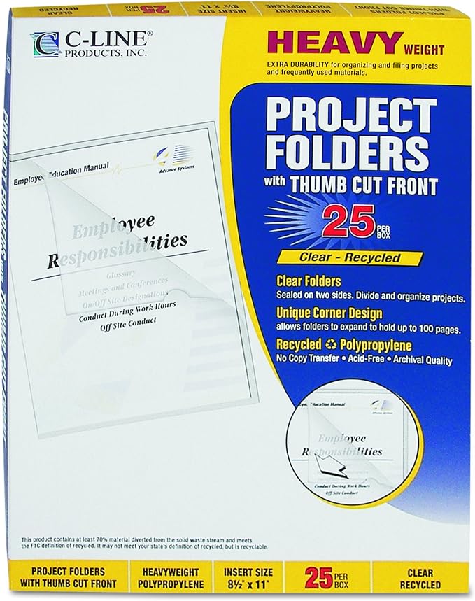C-Line Recycled Project Folders with Thumb Cut Fronts, Reduced Glare, Letter Size, Clear, 25 per Box (62127) (Pack of 10)