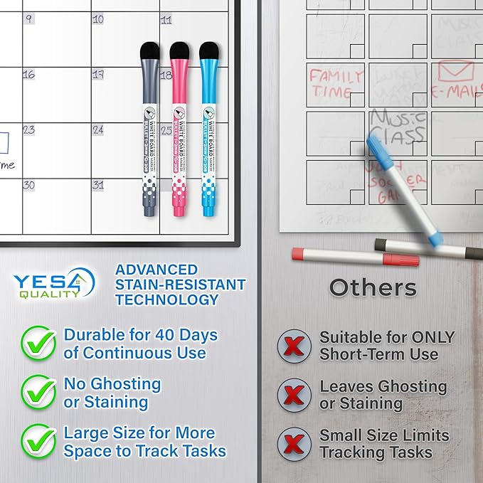 Magnetic Dry Erase Whiteboard Calendar for Fridge (16 x 12”), Refrigerator White Board Sheet w/ 3 Colorful Markers & Eraser, Monthly Meal Planner & Organizer for Family by Yes4Quality
