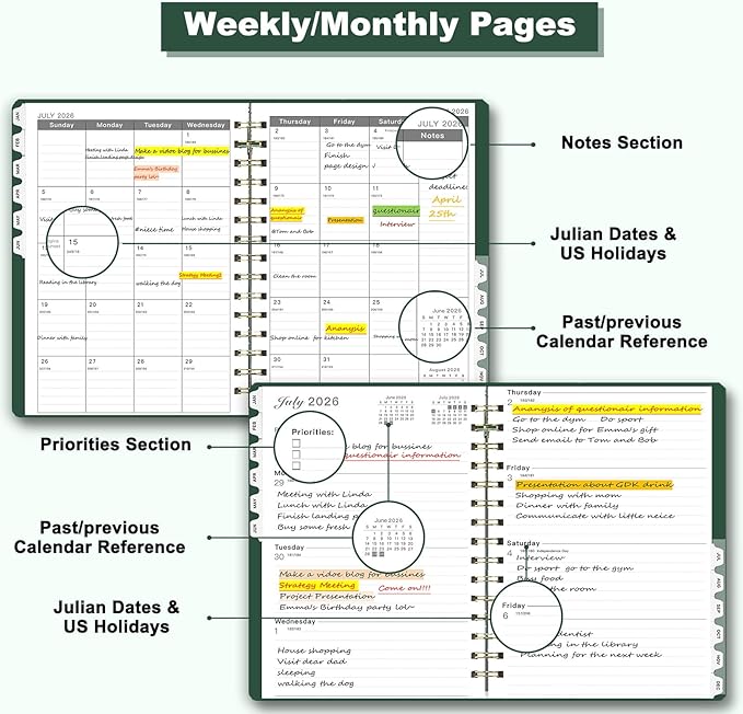 Ymumuda 2026 Planner, Daily Weekly and Monthly Planner，Jan 2026 - Dec 2026, 8.4" x 6.3", 2026 Calendar Planner Book with Tabs, Spiral Notebook with Inner Pocket for Office Home School Supplies
